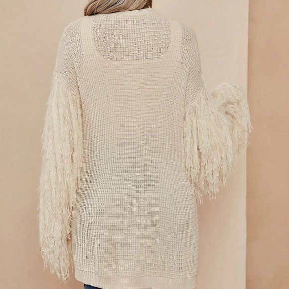 Apricot Casual Womens Fringe Trim Drop Shoulder Open Front Cardigan - Picture 2 of 5